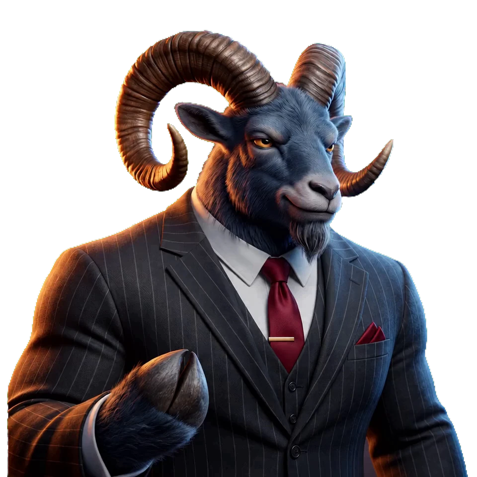 Tanngrisnir, the JurisBranded goat, in a pinstripe suit in his corner office